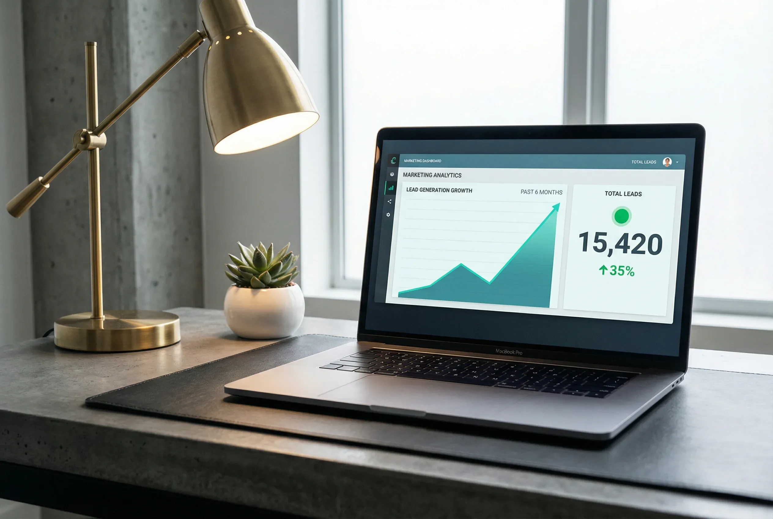 MacBook Pro on a modern office desk displaying a marketing analytics dashboard with lead generation growth chart and total leads metric