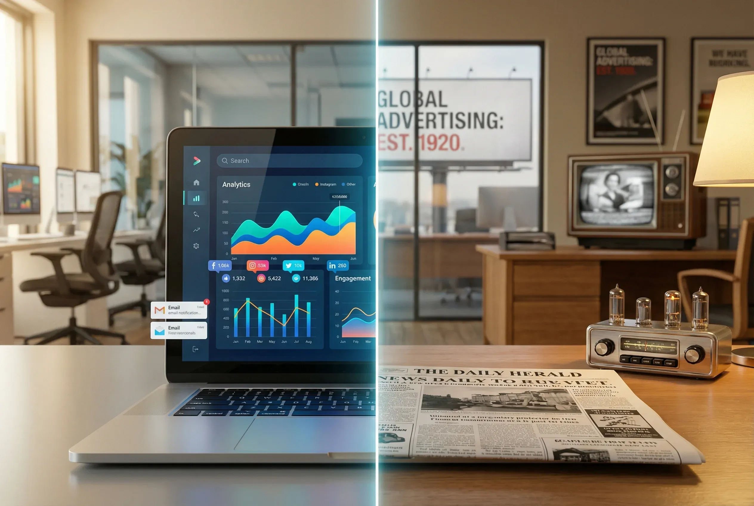 Split-screen comparison of digital marketing with analytics dashboard, social media, and search on the left versus traditional marketing with newspaper, billboard, TV, and radio on the right