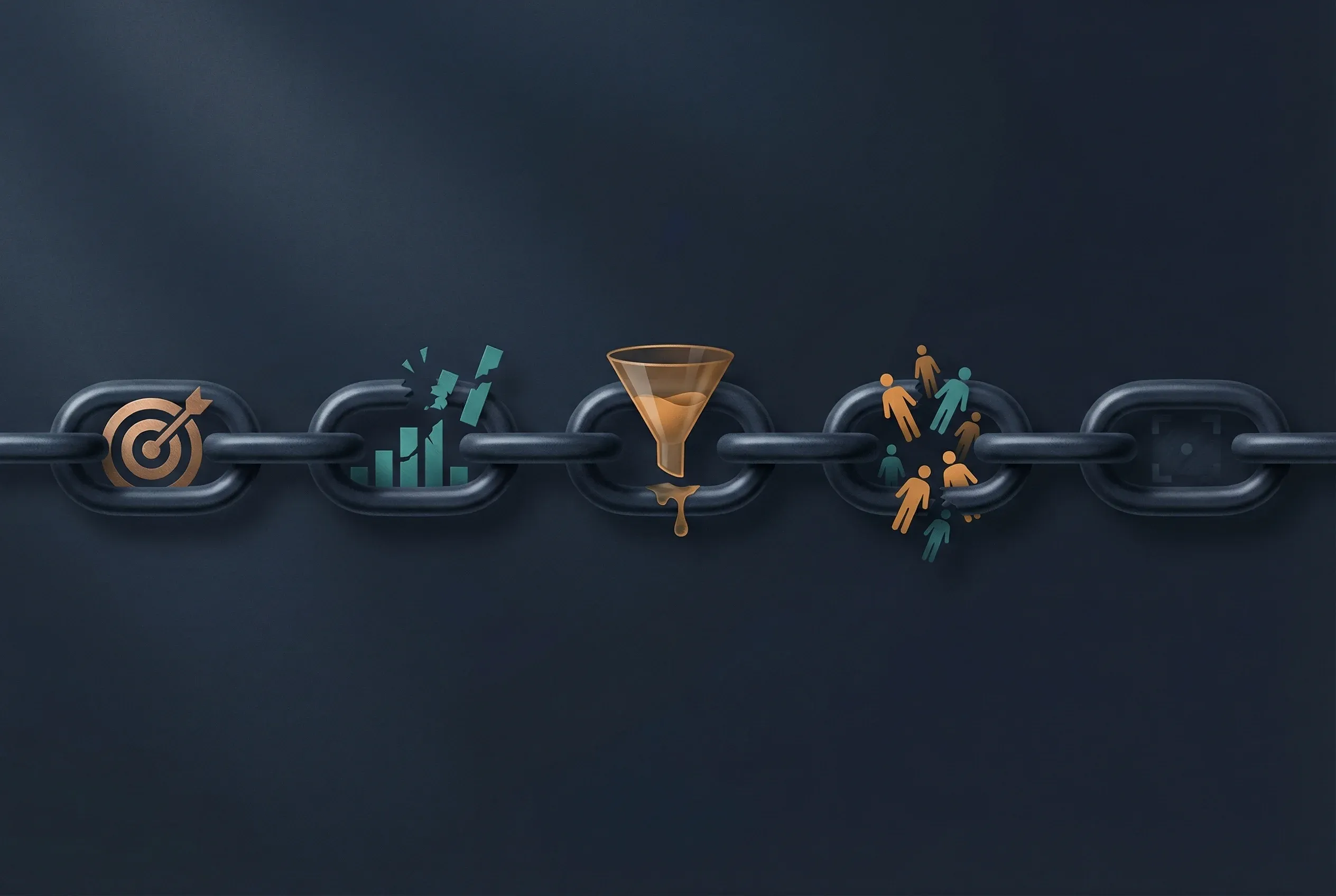 Five broken chain links representing common digital marketing mistakes including poor targeting, disconnected analytics, and missing conversion tracking