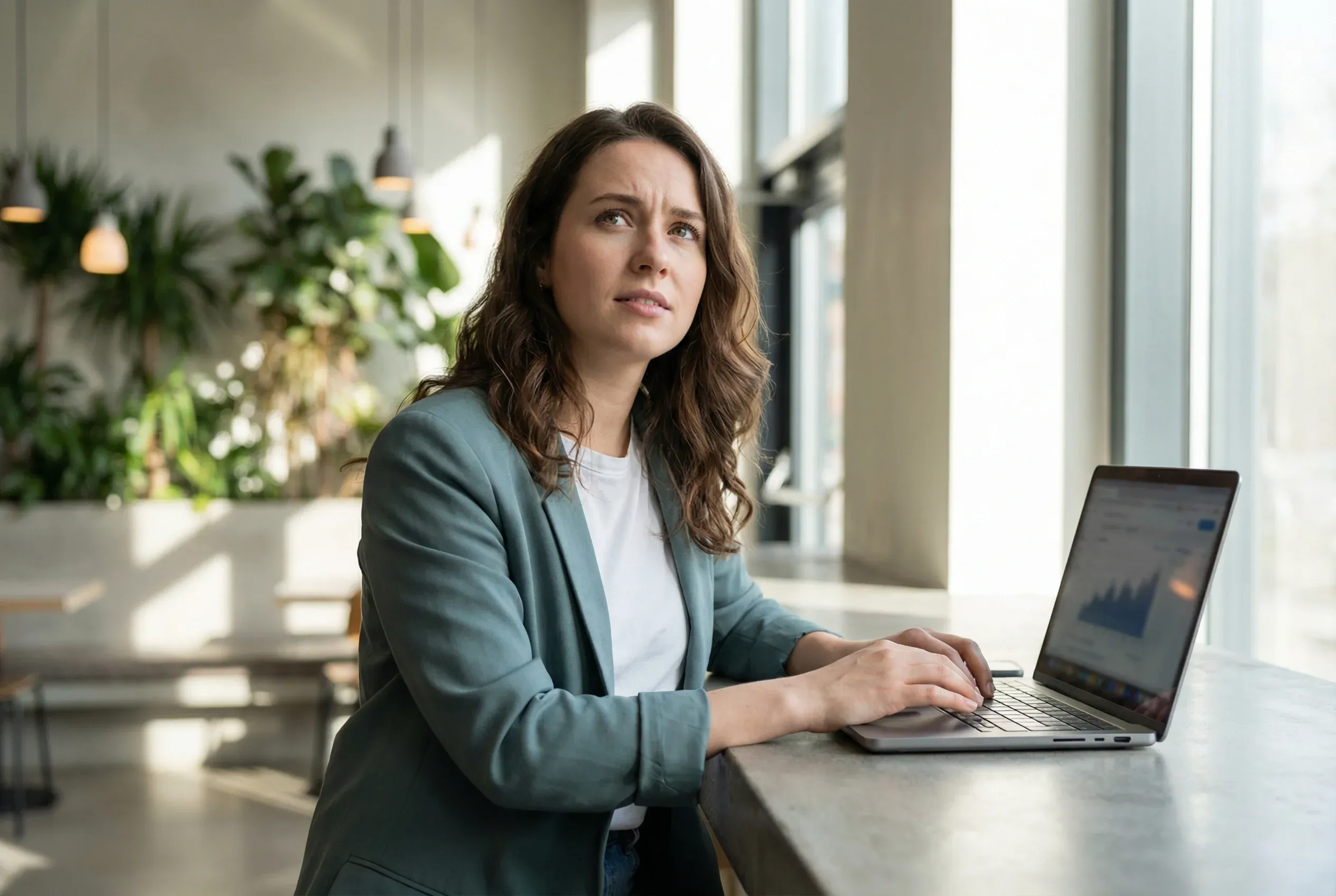 Young professional woman looking up thoughtfully from her MacBook Pro while considering why her digital marketing strategy is not delivering results