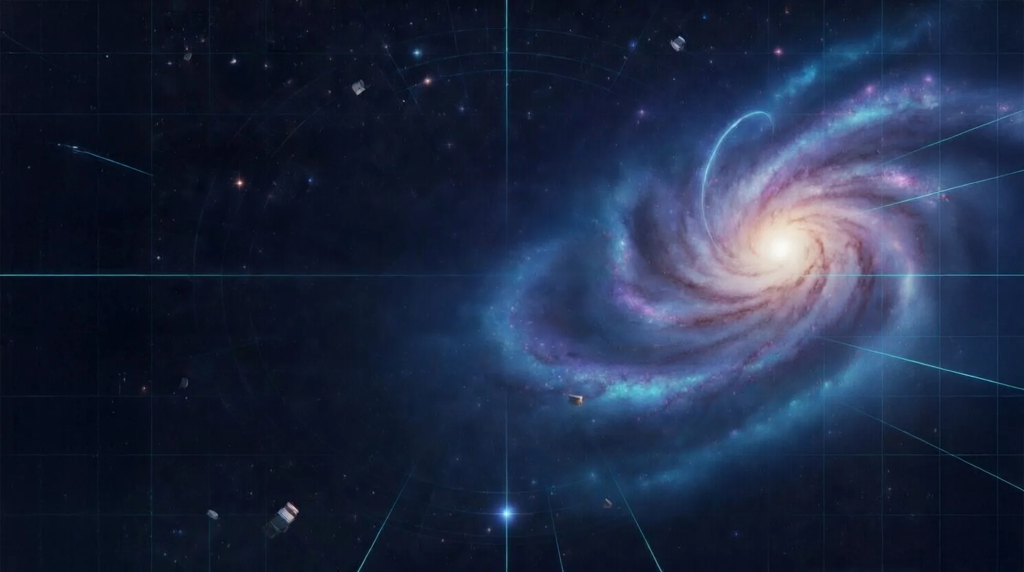 Spiral galaxy with data grid overlay representing Google Ads campaign optimisation across the digital universe