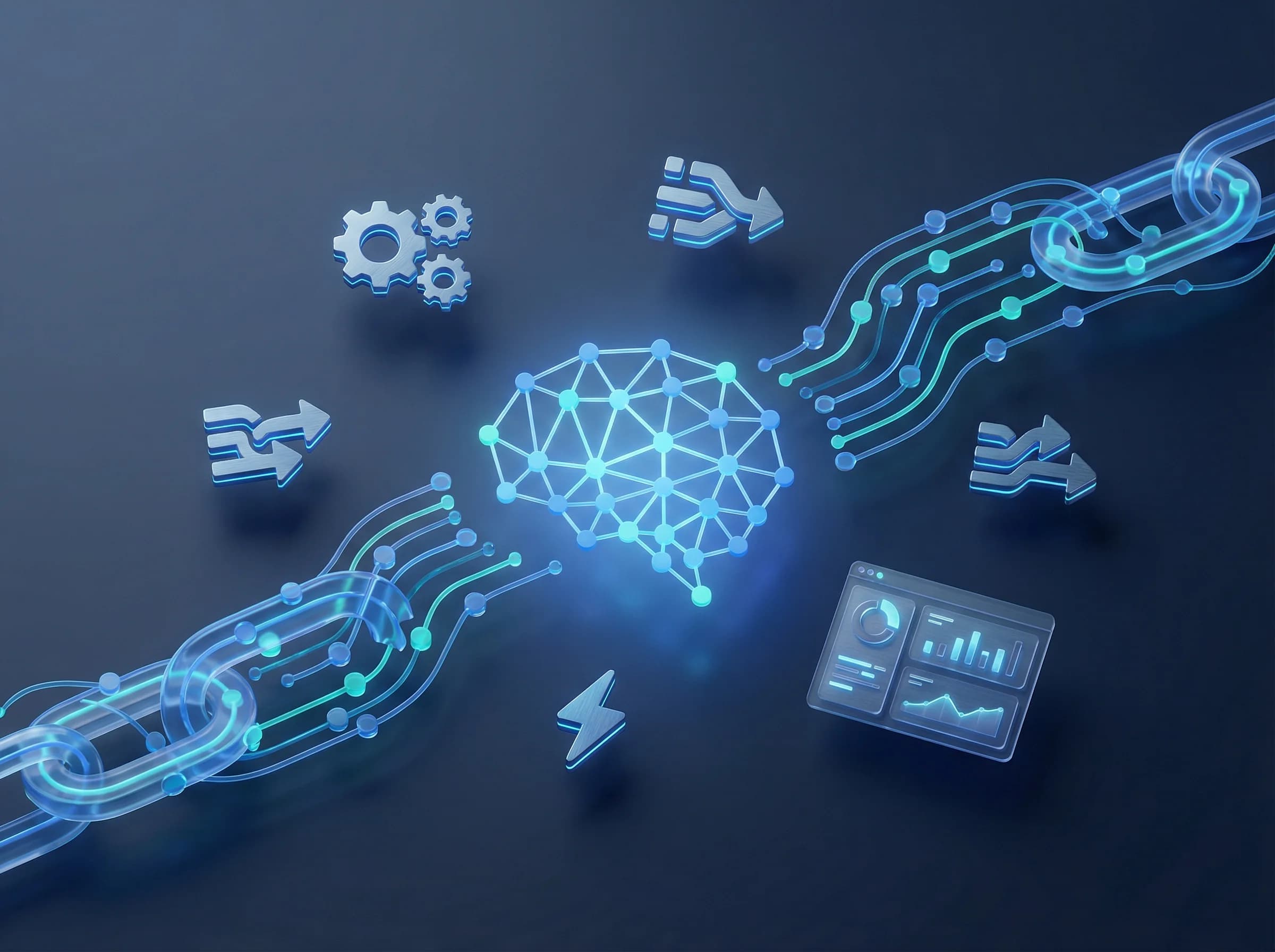 AI and automation service illustration showing neural network brain connected to workflow automation chains, data pipelines, and marketing analytics dashboard