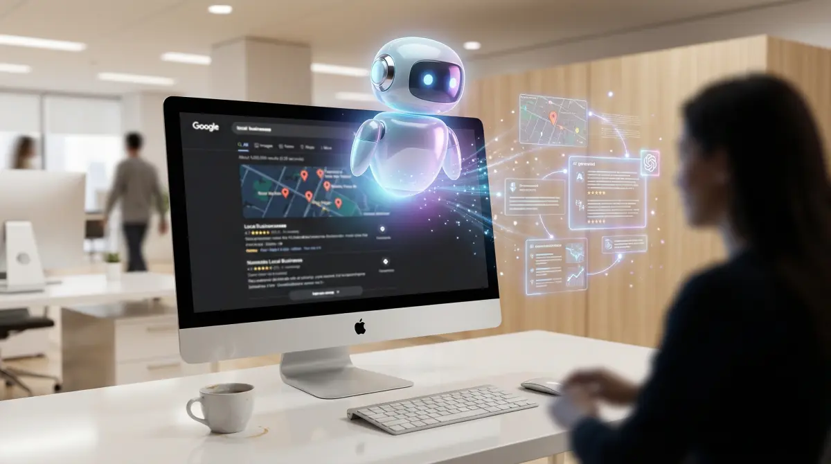 AI search optimisation illustration showing a desk with a large monitor displaying a holographic robot assistant providing AI-generated answers to search queries