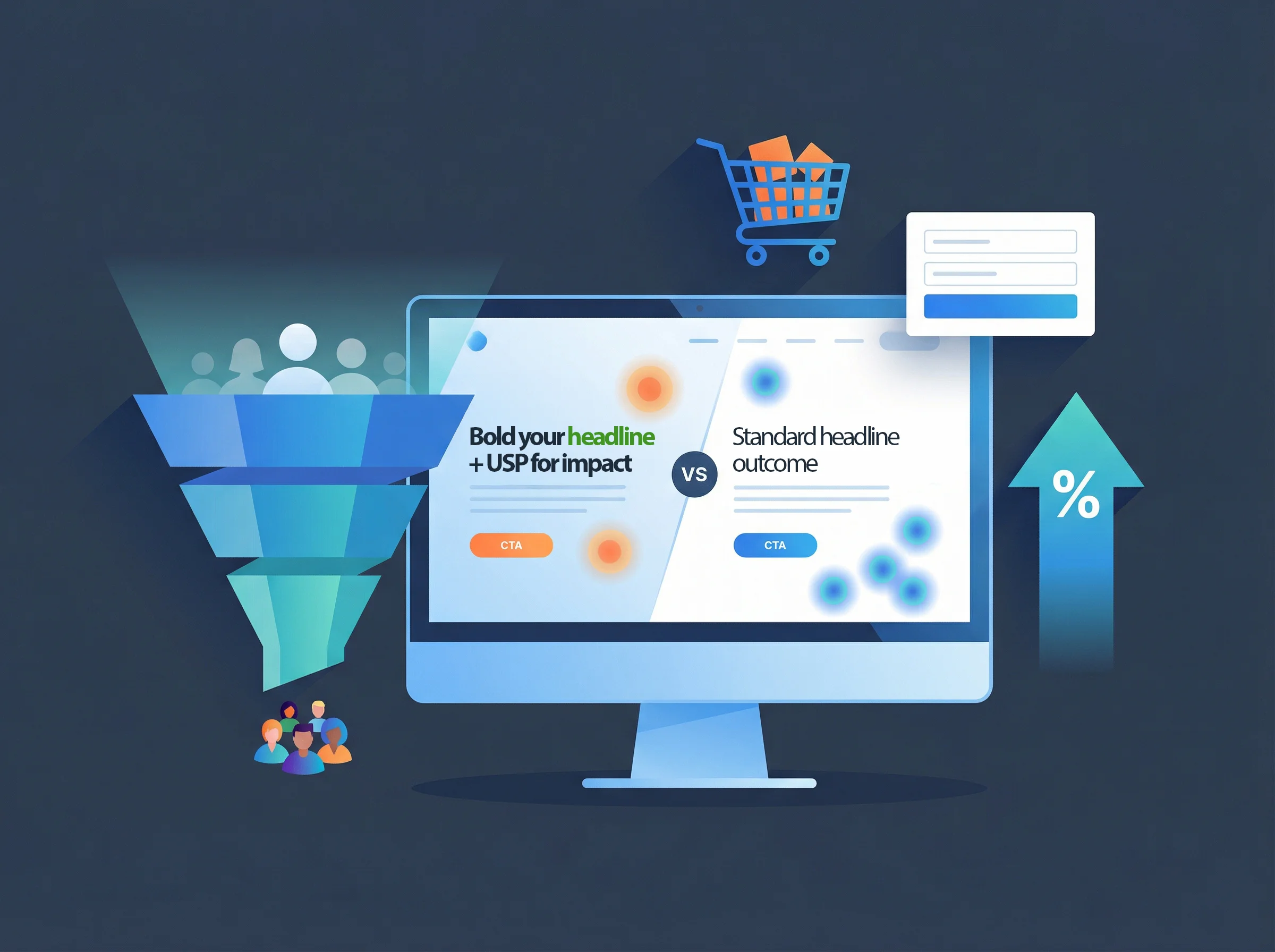 Conversion rate optimisation service illustration showing A/B split testing, conversion funnel, heatmap analysis, and checkout flow improvements