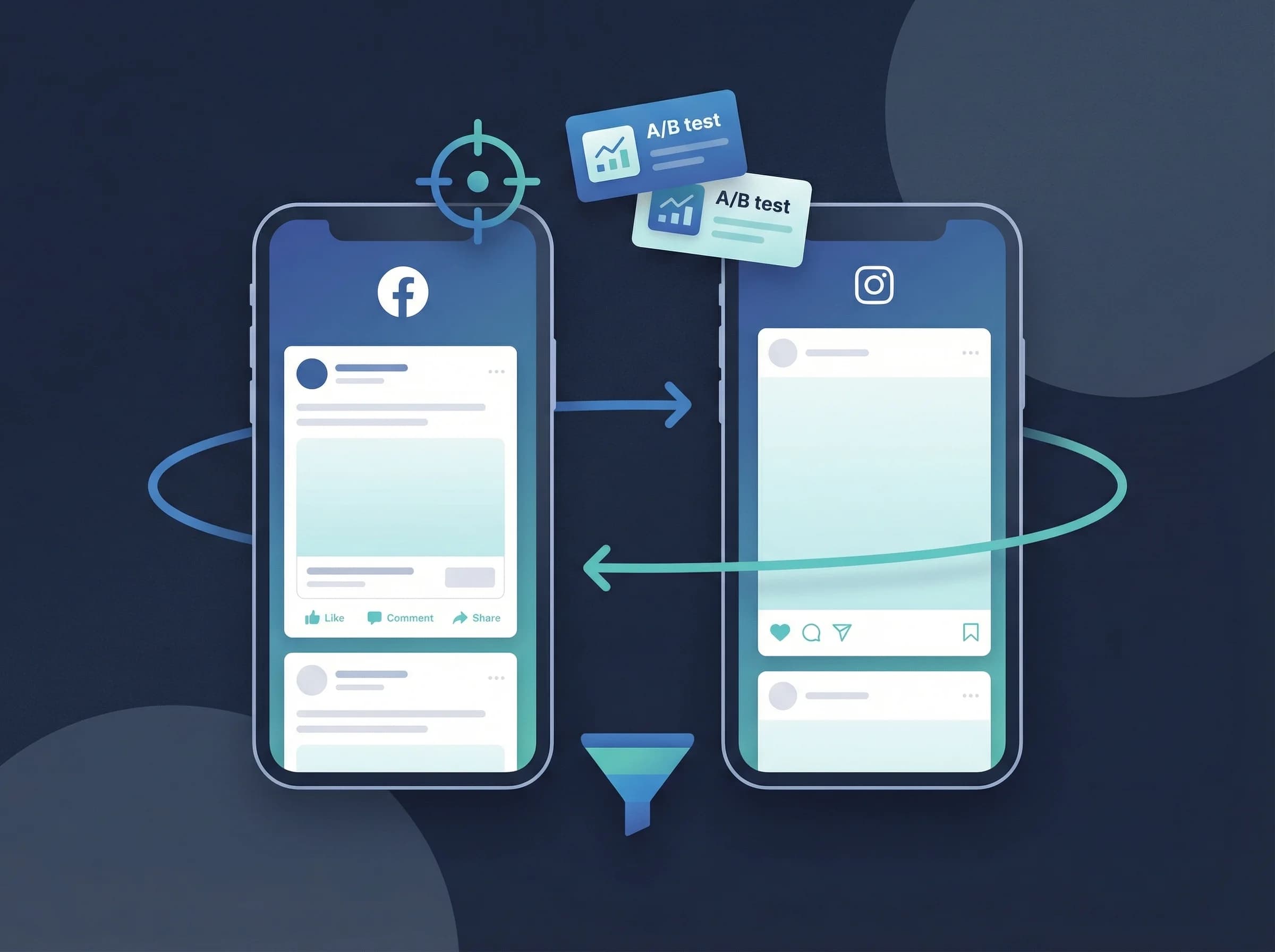 Facebook and Instagram advertising service illustration showing two smartphones with ad feeds, audience targeting, A/B creative testing, and conversion funnel