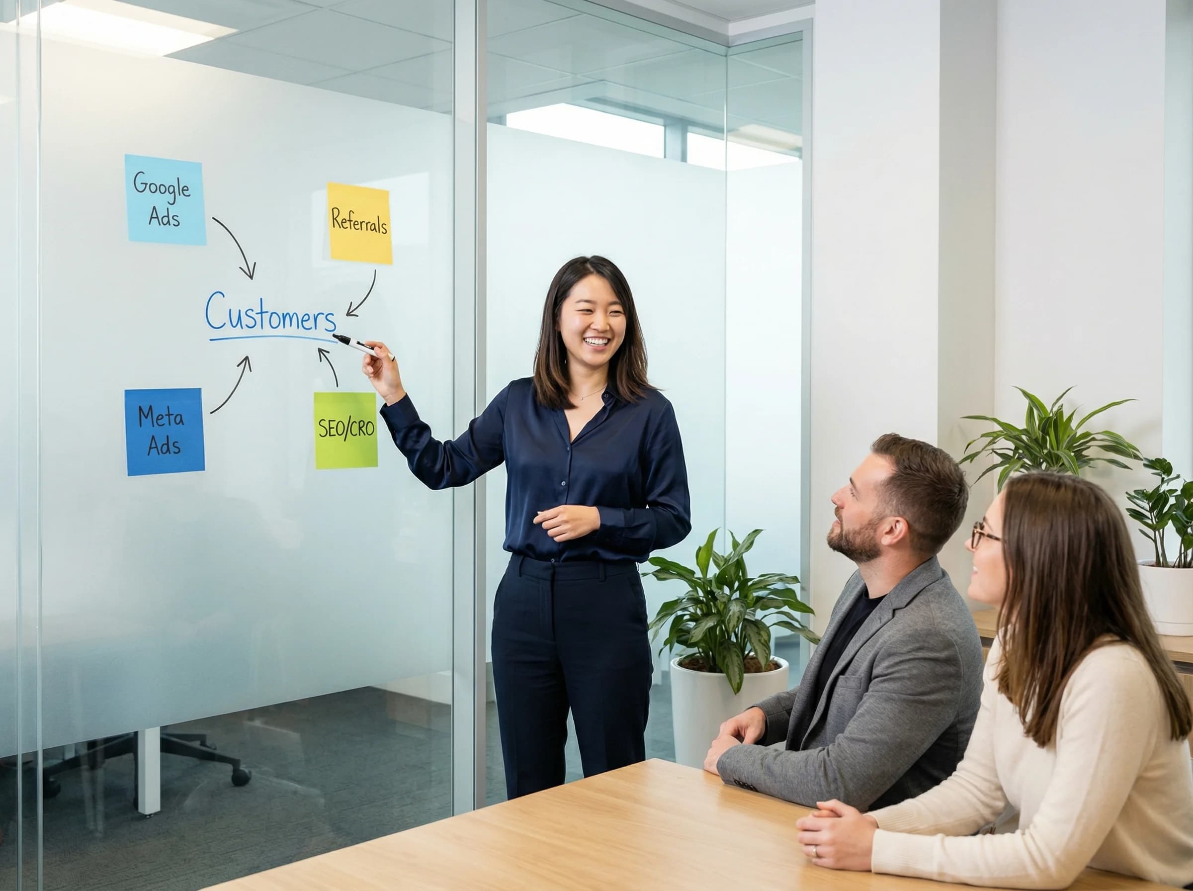 Marketing team brainstorming digital growth strategy with post-it notes for Google Ads, Meta Ads, SEO, CRO, and referrals connected to a customer acquisition framework