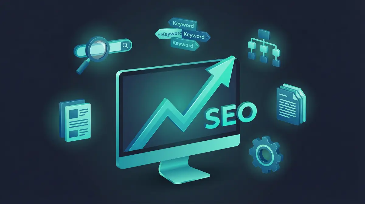 SEO services illustration showing organic traffic growth chart on a monitor surrounded by keyword research, site structure, content strategy, and technical SEO icons