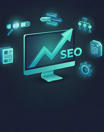 SEO services illustration showing organic traffic growth chart on a monitor surrounded by keyword research, site structure, content strategy, and technical SEO icons