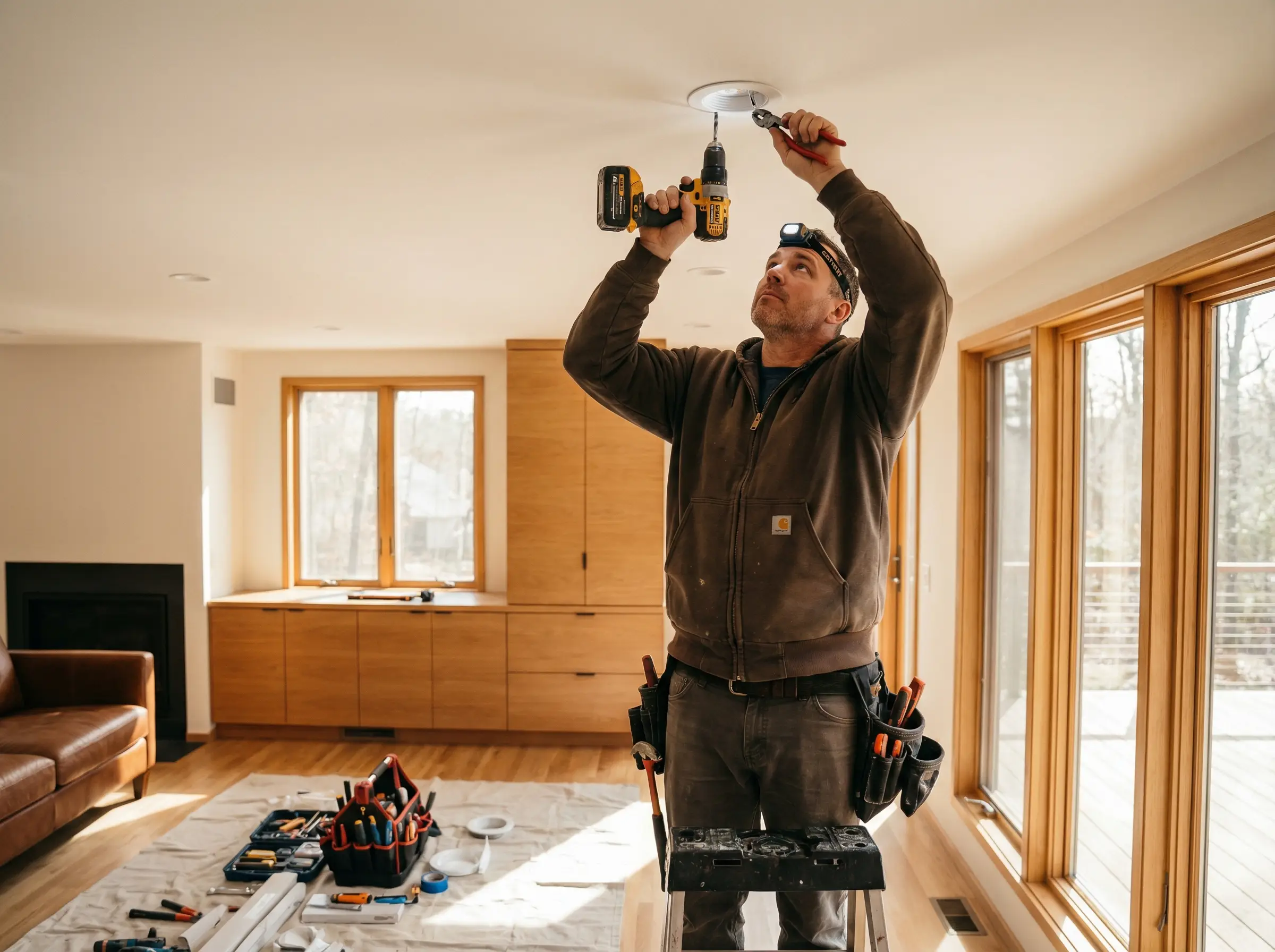 Electrician installing ceiling lights in a modern home representing trade businesses that benefit from digital marketing