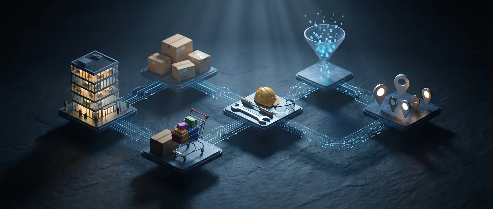 Interconnected business models including professional services, ecommerce, trades, lead generation, and multi-location, representing the diverse businesses Optimise Digital helps grow