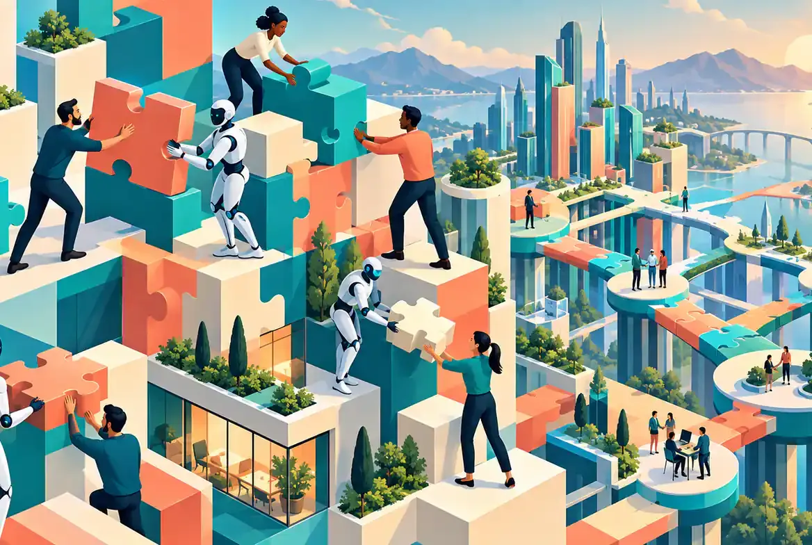 Illustrated humans and robots assembling structures to grow a business in 2026